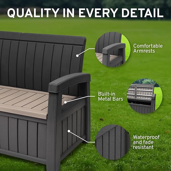 EconoHome 2 Seat Outdoor Storage Bench with Rain Cover - 60 Gallon Capacity - Weatherproof Resin Bench for Patio, Porch, Garden, Yard, Pool Area - Furniture for Pool Accessories, Gardening Tools-Ruum Studio Home