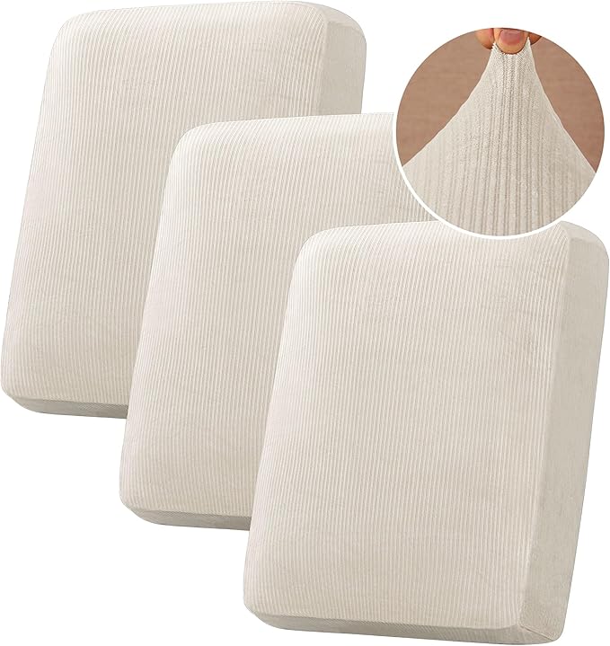 H.VERSAILTEX Velvet Stretch Couch Cushion Cover Plush Cushion Slipcover for Chair Loveseat Sofa Cushion Furniture Protector Seat Cushion Sofa Cover (3 Piece Sofa Cushion Covers, Ivory Striped)-Ruum Studio Home