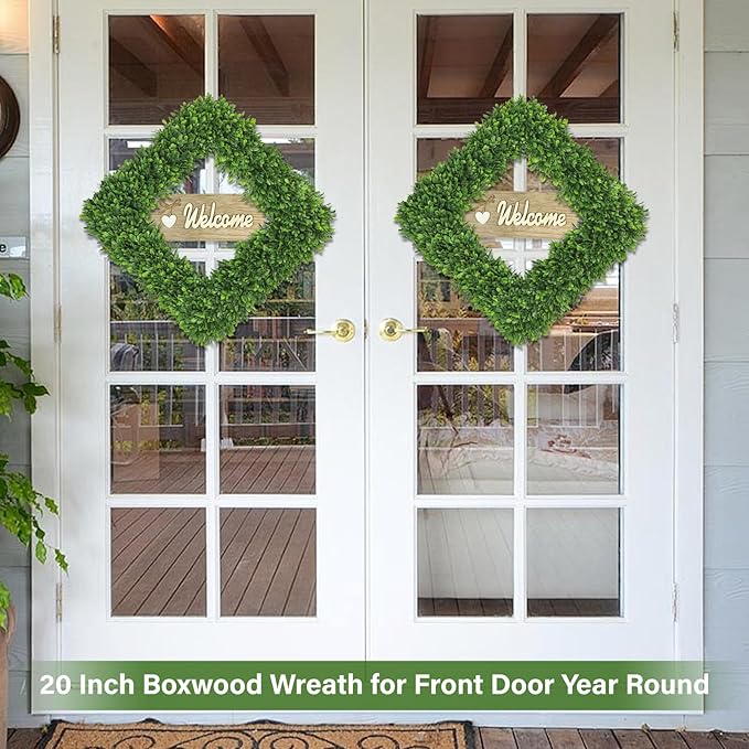 Artgar 20Inch Boxwood Wreath, Spring Wreaths for Front Door, Realistic Green Square Boxwood Wreath for Year-Round Decor, Artificial Summer Wreaths for Wedding Farmhouse Indoor/Outdoor Porch Decor-Ruum Studio Home
