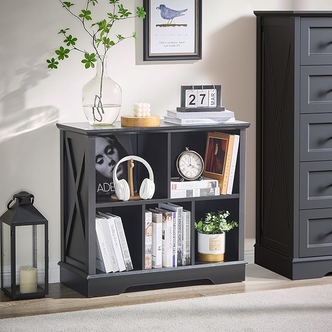 Farmhouse 5 Cube Bookshelf, Black Storage Organizer Bookcase, Kids Toy Storage Cabinet, Small Bookshelves Storage Organizer Shelf, Wood Display Cabinet Book Shelves for Bedroom,Living Room,Office-Ruum Studio Home