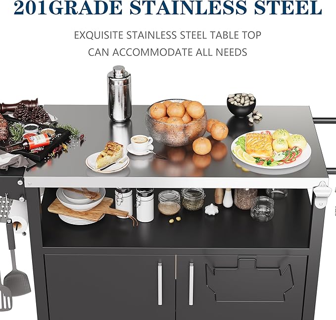 JY QAQA Outdoor Grill Cart with Storage,Patio Kitchen Island Outdoor Grill Table with Wheels,BBQ Cart Movable Pizza Oven Table Stand, Storage Cabinet, Foldable Tabletop, Black-Ruum Studio Home
