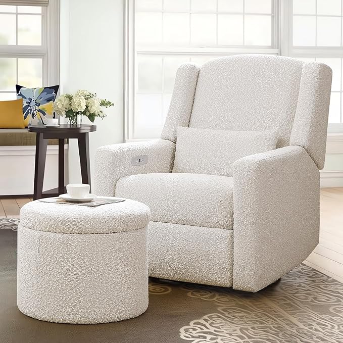 Power Recliner Chair Swivel Glider, Large Rocker Recliner with Ottoman & USB Charging Port, Boucle Upholstered Swivel Rocker Glider Recliner for Nursery,Bedroom,Living Room, Cream-Ruum Studio Home