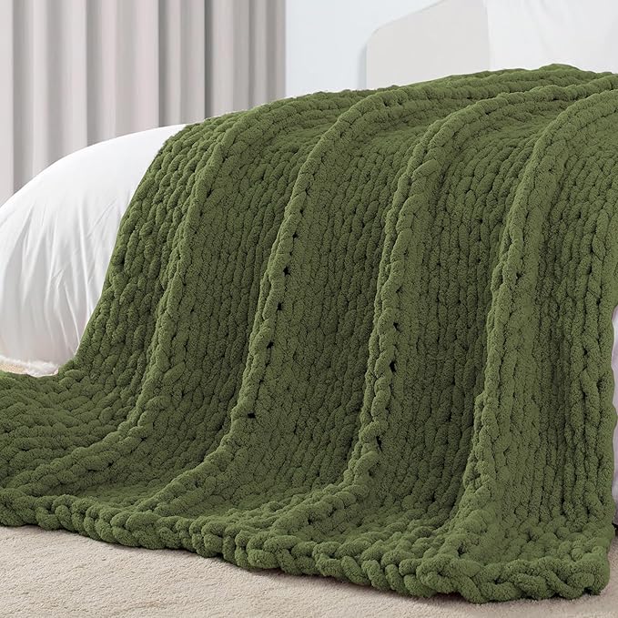 Carriediosa Chunky Knit Throw Blanket 50" X 60", 100% Hand Made Large Chenille Loop Yarn Soft Fluffy Throws for Couch Sofa Bed, Big Crochet Cozy Heavy Thick Cable Woven Blankets, Olive Green-Ruum Studio Home