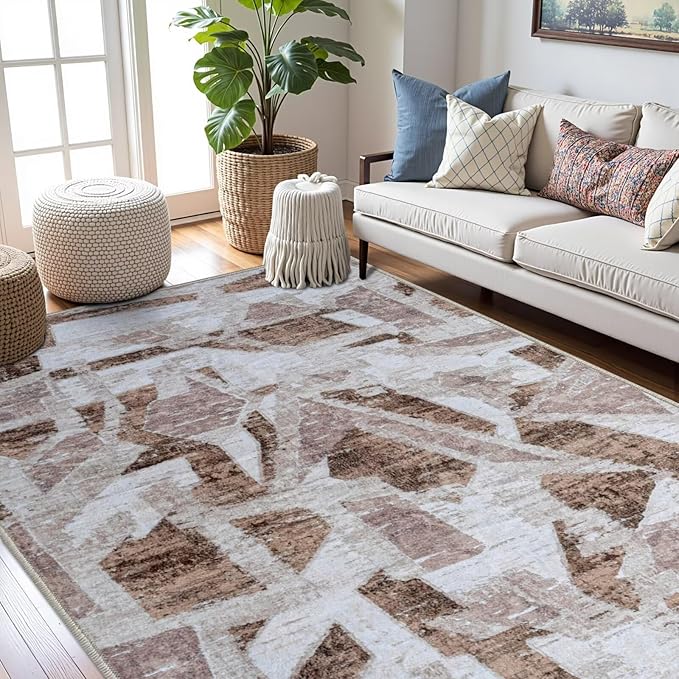 Modern Abstract 8X10 Area Rug for Living Room Bedroom Washable, Non-Slip Rubber Backing Print Faux Wool Thin, Brown Throw Large Carpet for Kids Playroom Dining Room Pet & Child Friendly-Ruum Studio Home