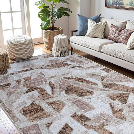 Modern Abstract 6X9 Area Rug for Living Room Bedroom Washable, with Non-Slip Rubber Backing Print Faux Wool Thin, Brown Throw Large Carpet for Kids Playroom Dining Room Pet & Child Friendly-Ruum Studio Home