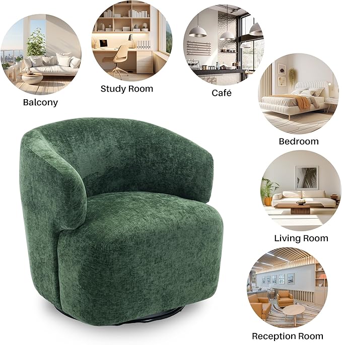 Swivel Accent Chair, Chenille Barrel Chair for Living Room, Cozy Round Boucle Arm Chair, Metal Base for Club Nursery Bedroom, Green-Ruum Studio Home