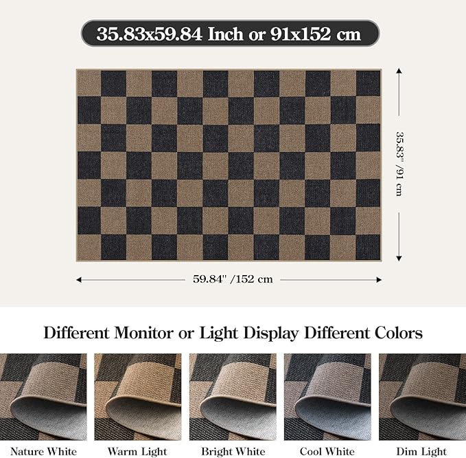 Lahome Checkered Easy Jute 3x5 Rug, Washable Rugs for Living Room Entryway Farmhouse Non Slip Black Outdoor Carpet, Checkerboard Indoor Door Mat for Entry Patio Deck-Ruum Studio Home