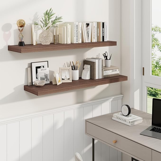 Fun Memories 40" Rustic Wood Floating Shelves with Invisible Brackets for Storage & Decor, Deep Wall Mounted Shelves for Bathroom, Kitchen, Living Room (Walnut, Set of 2)-Ruum Studio Home