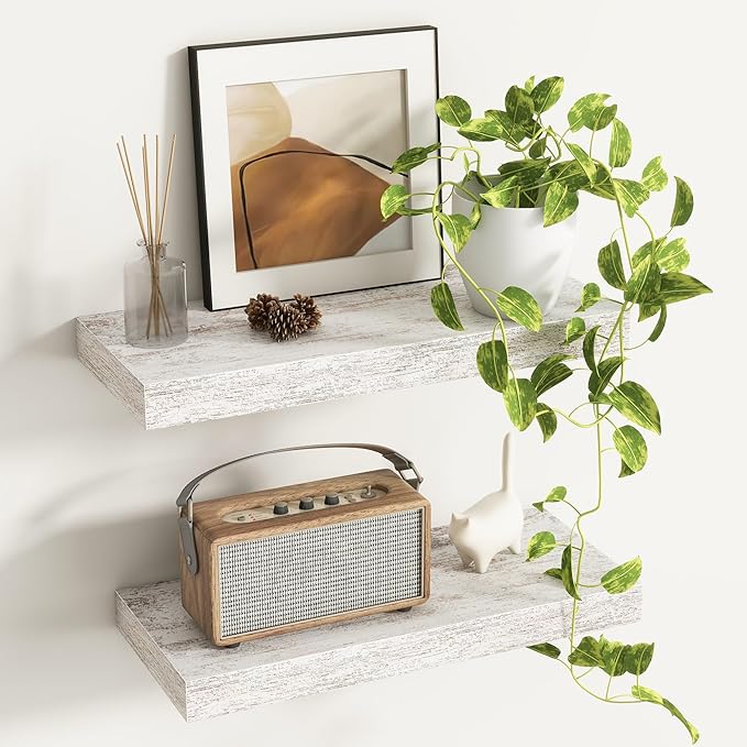 Fun Memories Deep Floating Shelves - 16" W x 9" D x 1.6" H Rustic Grey Wall Shelf - Wall Mounted Shelves for Storage - Wooden Shelves with Invisible Brackets for Living Room, Farmhouse - Set of 2-Ruum Studio Home
