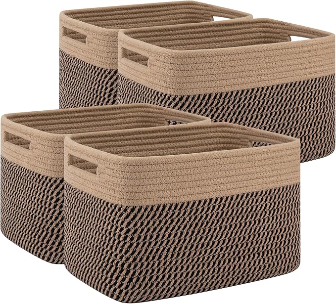 4 Pack Storage Baskets for Organizing, Woven Baskets for Shelves - Perfect for Toys, Books, Towels, and Clothes, Durable Gift Basket Bins Toy Storage, 13''L x9''W x7.8''H, Black and Brown-Ruum Studio Home
