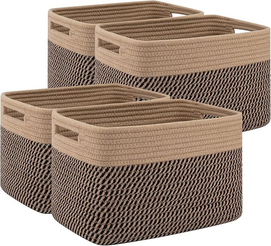 4 Pack Storage Baskets for Organizing, Woven Baskets for Shelves - Perfect for Toys, Books, Towels, and Clothes, Durable Gift Basket Bins Toy Storage, 13''L x9''W x7.8''H, Black and Brown-Ruum Studio Home