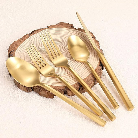 Matte Silverware Set Gold Flatware Set with Hexagon Handle 20 Pieces 18/0 Stainless Steel Cutlery Set Wedding Housewarming Gift Service for 4 (Matt gold)-Ruum Studio Home