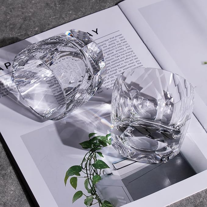 KAMMAK Crystal Whiskey Glasses Set of 2, 7.1oz Old Fashioned Glasses Stemless, Hand Blown White Cocktail Glasses, Luxury Handcrafted Cut Ice Ball Cup for Women, Perfect Men Gift for Bourbon-Ruum Studio Home