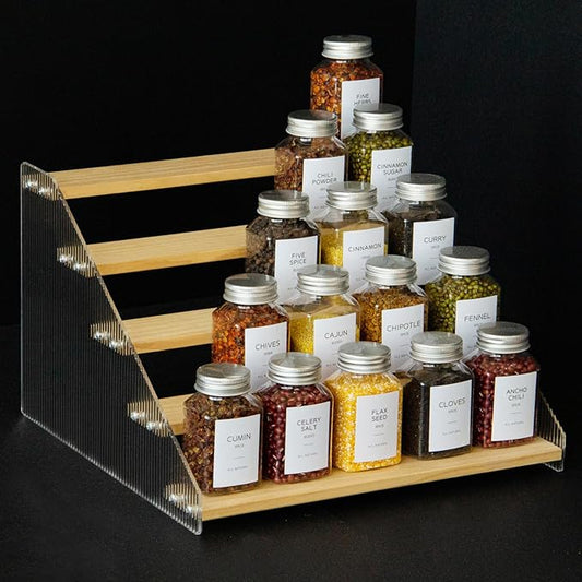 nianfeng Tiered Spice Rack, 5-Tier Spice Pantry Kitchen Cabinet Organizer, 12-Inch, Natural Wood Acrylic Stair Riser Stand, Countertop Seasoning Shelf-Ruum Studio Home