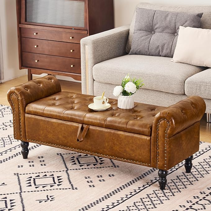 Furniliving Storage Ottoman Bench, Leather Benches End of Bed Bench with Solid Wood Legs Upholstered Ottoman Bench with Storage Indoor Bench for Living Room with Rolled Arm, Entryway, YellowBrown-Ruum Studio Home