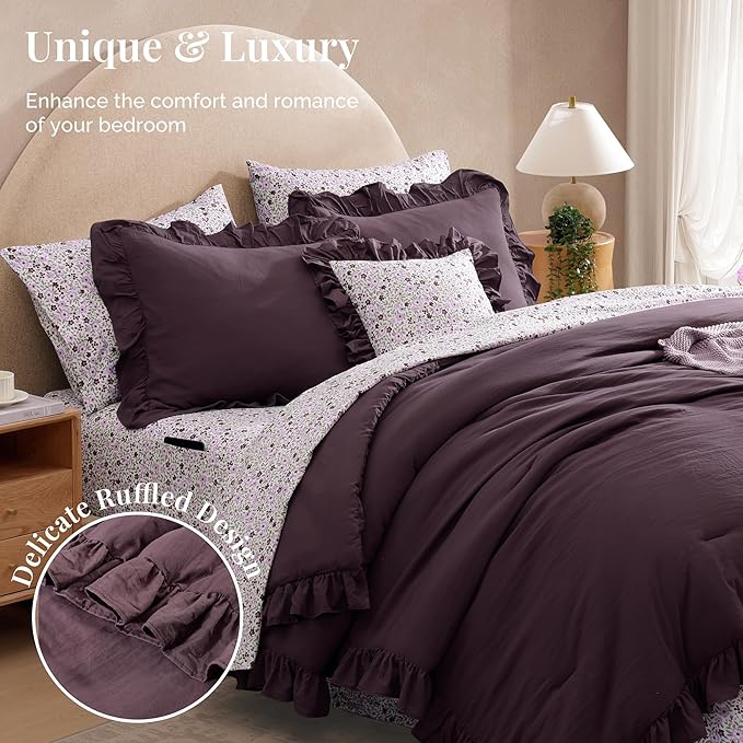Queen Comforter Set - 7 Pieces Ruffle Purple Bedding Sets, Shabby Chic Farmhouse Bed in a Bag Queen with Ruffle Comforter, Floral Sheets, Pillowcases & Shams-Ruum Studio Home