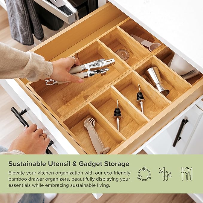 Premium Kitchen Utensils and Junk Drawer Organizer – Small 5-Compartment Design with 4 Removable Dividers, Non-Slip Feet, 100% Sustainable Bamboo, 2 Pack-Ruum Studio Home