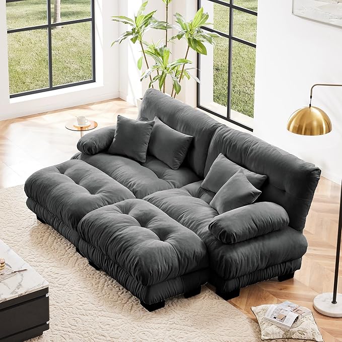 Loveseat Modular Sectional Sofa, U Shaped Couch with Ottoman, Cloud Couch Sectional Couch Home Sofa Living Room Oversized Couch Deep Seat Couch with Round Bolster Armrests 4 Pillows(Gray)-Ruum Studio Home