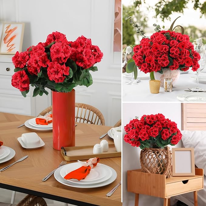 Hananona 6 Bundles Artificial Geranium Flowers for Outdoors Silk Geranium Flowers Outdoor UV Resistant Garden Plants Faux Flower for Home Kitchen Table Centerpieces Decor (6, Red)-Ruum Studio Home