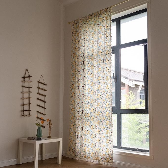Sutuo Home Boho Curtain Semi-Blackout Colorful Florals Print Cotton Linen Fabric, Handmade Tassels Rod Pocket Bohemian Farmhouse Country Window Drapes for Living Bedroom, 59" W x 84" L, 1 Panel-Ruum Studio Home