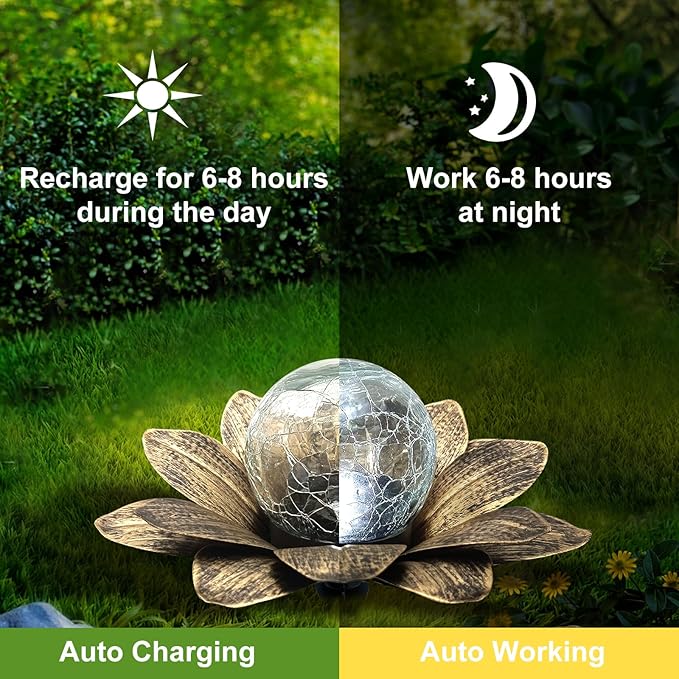 LEWIS&WAYNE Solar Garden Lights Outdoor, 3 Pcs Coppery Lotus Flower Pathway Lamps with Cool White Crackle Glass Globe Led Lights for Patio Pathway Yard Balcony Garden Decorations-Ruum Studio Home