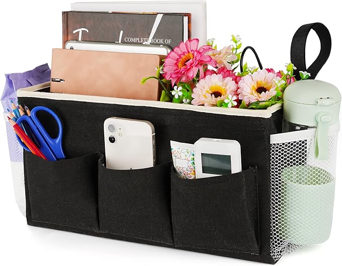 Bedside Caddy Bedside Organizer Bedside Storage Caddy with Fixed Straps and Water Bottle Holder for Home College Dorm Bunk Bed Hospital Bed Crib Bed Rails (Black)-Ruum Studio Home