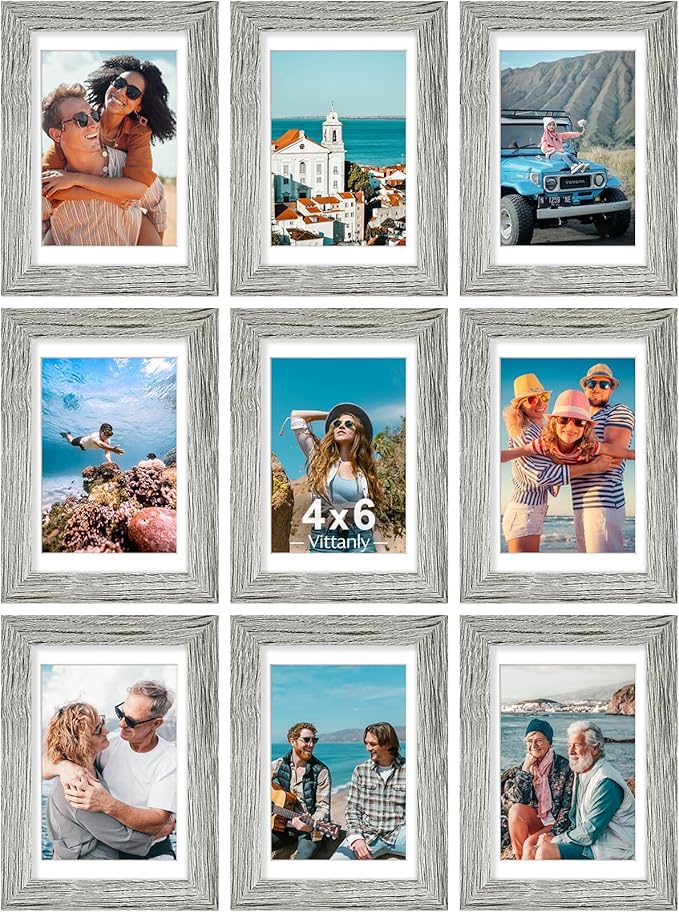 Vittanly 4x6 Picture Frames Set of 9, Shatter Resistant Plexiglass, Display 3.5x5 Pictures with Mat or 4x6 without Mat, Photo Frames for Wall or Tabletop, Engineered Wood, Grey-Ruum Studio Home