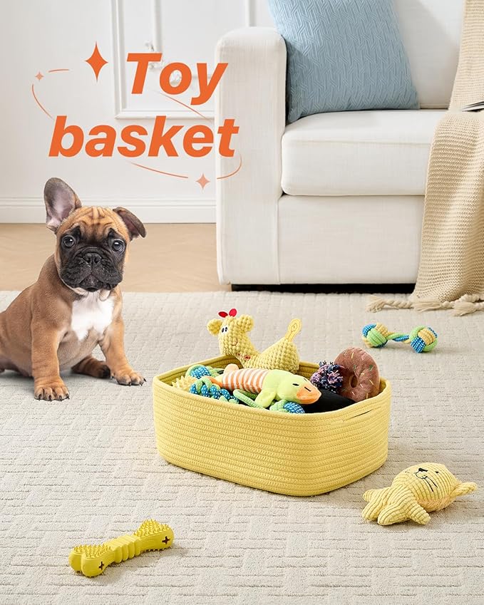 KALLAX Small Woven Basket, 13.5 x 9.5 x 5 Inches, Storage Basket for Organizing, Cute Small Rope Shelf Closet Cube Storage Bins Baskets for Shelves, Dog Toy Gift Baskets Empty, 3 Pack Yellow-Ruum Studio Home