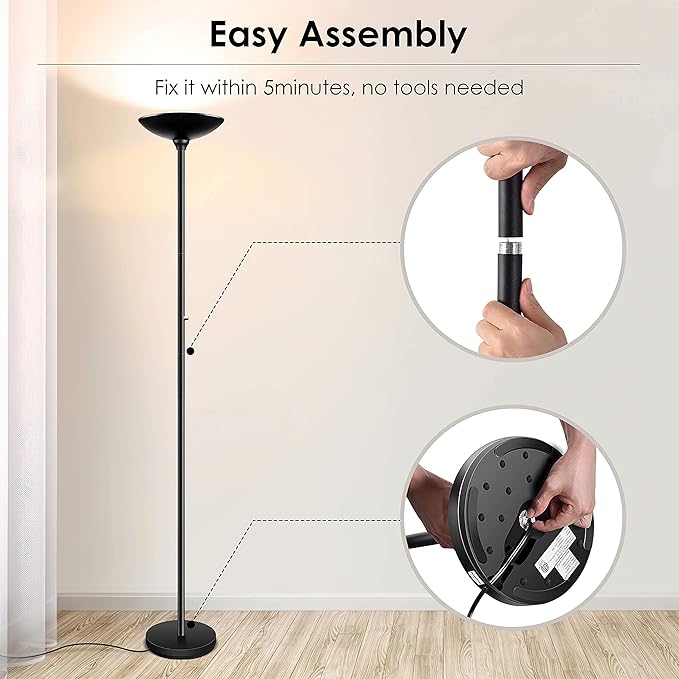 BoostArea Torchiere Floor Lamp, 30W Super Bright LED Standing Lamp, Stepless Dimmable Pole Lamp with 3000K Lighting, Rotary Switch, 70 Inch Tall Metal Modern Floor Lamps for Living Room/Bedroom Black-Ruum Studio Home