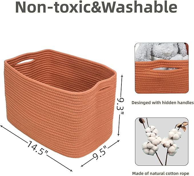 Cotton Rope storage Basket Bins Woven Basket for Organizing Shelves Rectangle Decorative Baskets For storage Clothes Toys Books Towels Square Wicker Nursery basket organizer 3 pack Rust-Ruum Studio Home