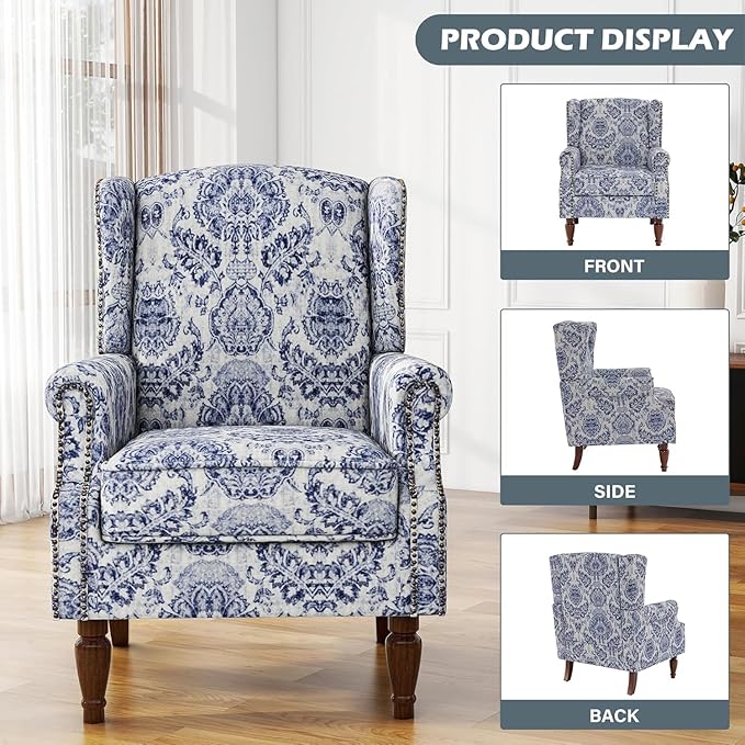 UIXE High Back Floral Accent Chair, Fabric Upholstered Armchair for Living Room, Retro Wingback Arm Chair with Solid Wood Legs, Nailhead Trim Single Sofa Bedroom Reading Seat - Navy Blue-Ruum Studio Home