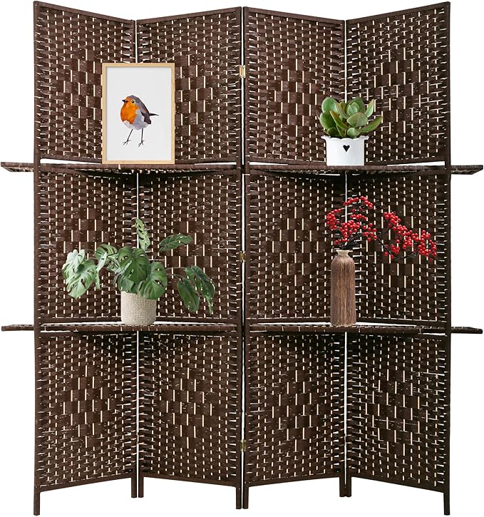 PayLessHere Room Divider 4 Panel Room Screen Divider Wooden Screen Folding Portable Partition Screen Wood with Removable Storage Shelves Color, Brown-Ruum Studio Home