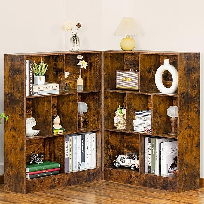 LEYAOYAO 7 Cube Bookshelf with Base,3 Tier Mid-Century Modern Brown Bookcase,Standing Wide Bookshelves Storage Organizer Shelf,Rustic Wood Display Cabinet Book Shelves for Bedroom,Living Room,Office-Ruum Studio Home