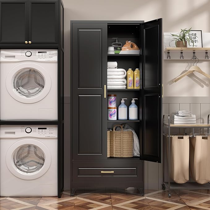 75" Kitchen Pantry Cabinet with Drawer, Metal Storage Cabinets with Doors and 4 Adjustable Shelves,Black Kitchen Cabinet with 2 Gold Handles,Food Cupboard for Livingroom,Pantry-Ruum Studio Home