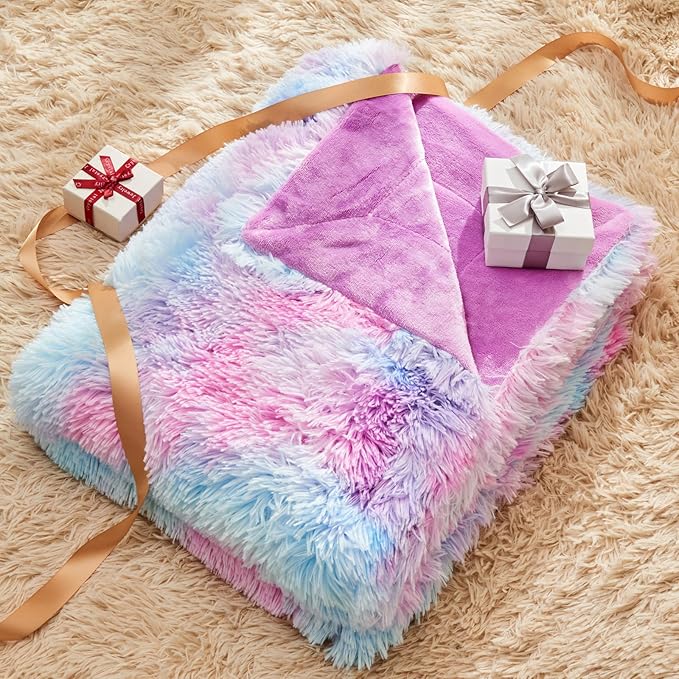 GONAAP Fuzzy Faux Fur Throw Blanket Queen Size Purple Rainbow Super Soft Cozy Plush Fuzzy Shaggy Blanket for Couch Sofa Bed (Purple Rainbow, Queen(90"x90"))-Ruum Studio Home