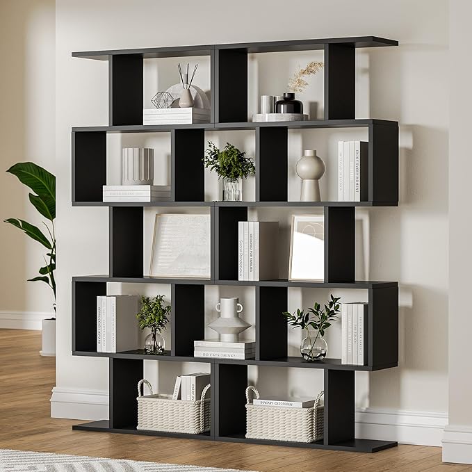 Black 5-Tier Geometric Bookcase, S-Shaped Modern Bookshelf Set of 2, 62.6" Tall Room Divider Book Shelf, Decorative Display Shelf-Ruum Studio Home