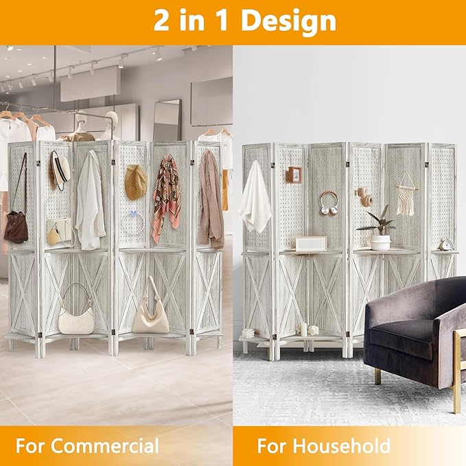 6 Panel Pegboard Display with 24 Hooks, Wooden Pegboard Room Divider Wall with Shelf, Rustic Room Dividers and Folding Privacy Screens, Bedroom, Jewelry Store, White-Ruum Studio Home