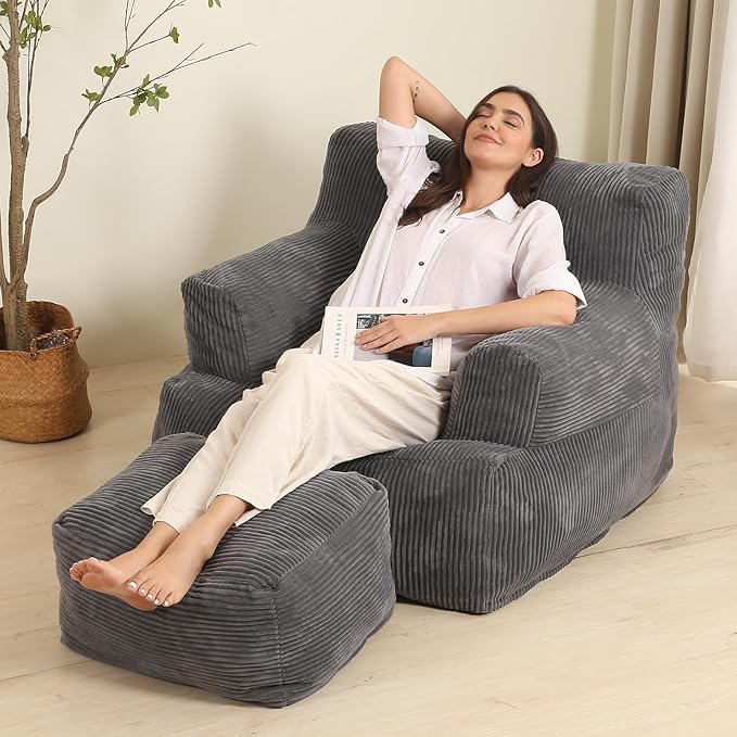 Comfy Gaint Bean Bag Chair with Ottoman, Huge Bean Bag Armchair for Adults and Teens, Dark Grey-Ruum Studio Home