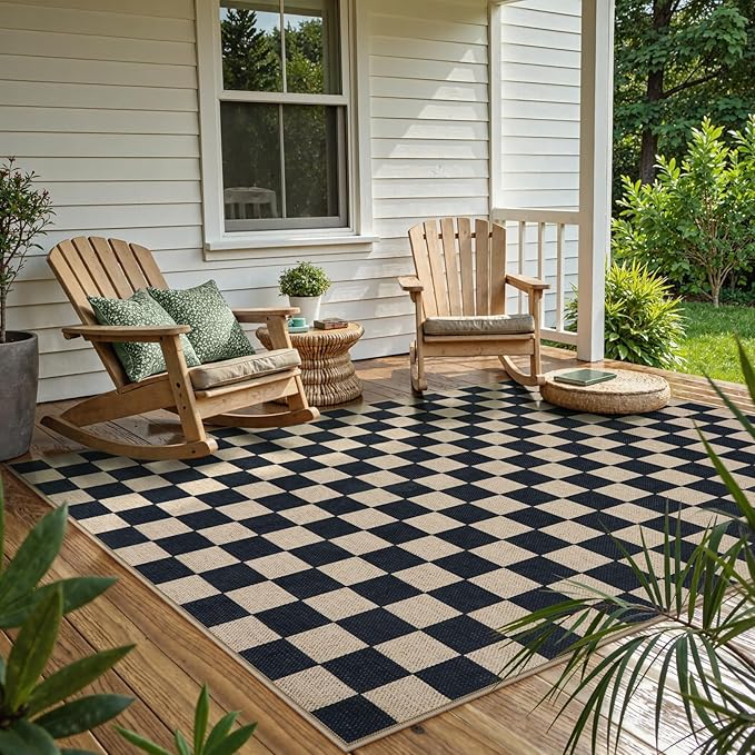 Lahome Checkered Easy Jute Outdoor Rug, 5x7 Farmhouse Rugs for Living Dining Room, Washable Non Slip Non Shedding Floor Carpet for Sunroom Mudroom Backyard Deck-Ruum Studio Home