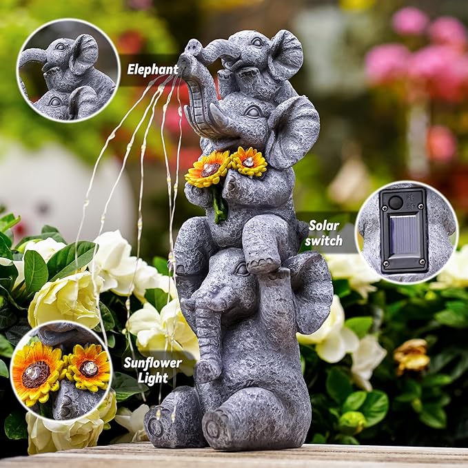 Solar Garden Decor Elephant Statue Outdoor, Luck Triple Elephant Decorations for Yard Porch Lawn Patio - Ideal Gifts for Women Mom Grandma Senior Elder or Birthdays 12"-Ruum Studio Home