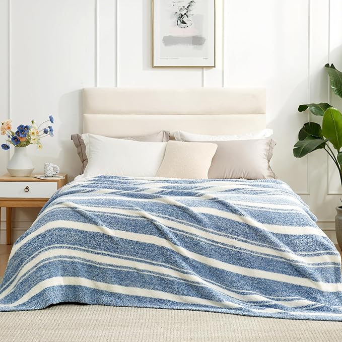 Snuggle Sac Queen Size Bedding Blankets, Oversized Bed Blankets Super Soft Warm Cozy Knit Fuzzy Blankets for Bed, Bedroom, Stripe Blue, 90"x90"-Ruum Studio Home
