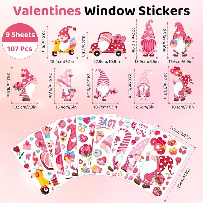 DC-BEAUTIFUL 107 PCS Valentines Window Clings, 9 Sheets Double-Sided Pink Love Heart Gnome Valentine Decoration Window Stickers, Reusable Static Holiday Window Decals for Home Wedding Party Decors-Ruum Studio Home