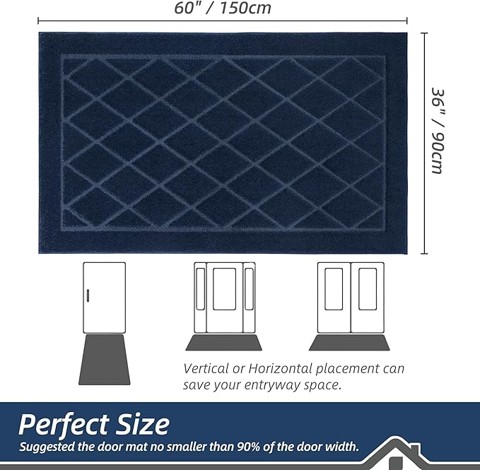 BEQHAUSE Dirt Trapper Door Mat 36" x 60", Doormat Non-Slip Entryway Rugs Washable, Dog Door Mat Stain Resistant and Absorbent Welcome Floor Mat for Front Back Door, Muddy Wet Shoes & Paws, Navy Blue-Ruum Studio Home