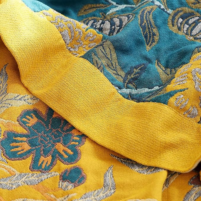 Boho Muslin Blanket for Adults 4-Layer Gauze Twin Size Soft Cozy 100% Cotton Summer Cooling Blanket Floral Decor for Sofa Bed Coverlet Both Sides (Flowr Branch Teal, Twin 60 x 80 in)-Ruum Studio Home