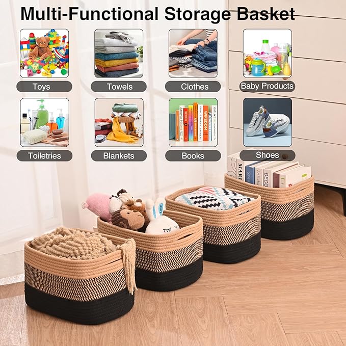 Storage Baskets for Shelves Organizing, Woven Cotton Rope Baskets for Storage, Book Basket, Towel Basket, 12.5"Lx9.1''Wx7.9''H (4 Packs) Gradient Black & Jute-Ruum Studio Home