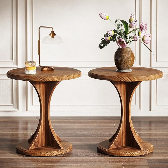 Tribesigns Round End Table for Living Room, Wood Side Table Set of 2, Mid-Century Bedside Nightstand for Bedroom, Accent Table, Easy Assembly, Vintage Brown-Ruum Studio Home
