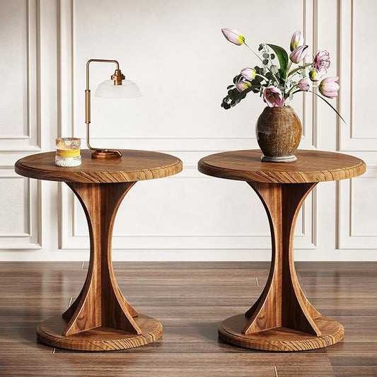 Tribesigns Round End Table for Living Room, Wood Side Table Set of 2, Mid-Century Bedside Nightstand for Bedroom, Accent Table, Easy Assembly, Vintage Brown-Ruum Studio Home