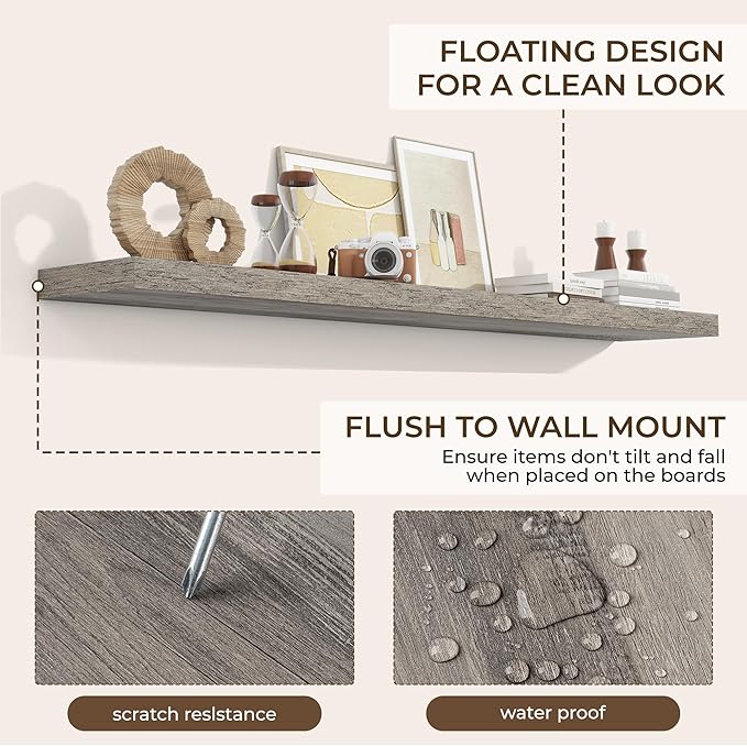 RICHFOCUS 72Inch Floating Shelves for Wall 2 Pack Shelves for Bedroom|Kitchen|Bathroom Wall Mounted Rustic Wood Floating Shelf with Invisible Brackets for Books|Storage|Decor, Grey-Ruum Studio Home