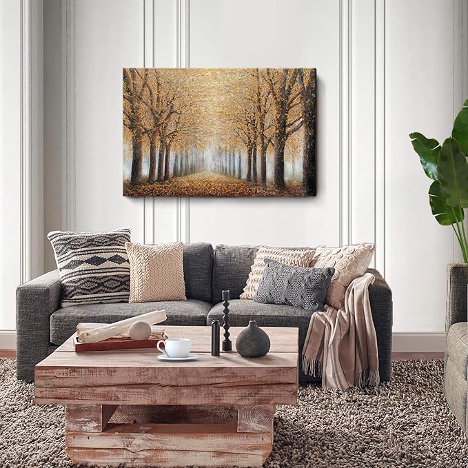 Large Tree Wall Art for Living Room Hand-Painted Forest Oil Painting Framed Yellow Grove Artwork Autumn Landscape Canvas Picture for Living Room Bedroom Home Decorations Wall Decor Large 48"x32"-Ruum Studio Home