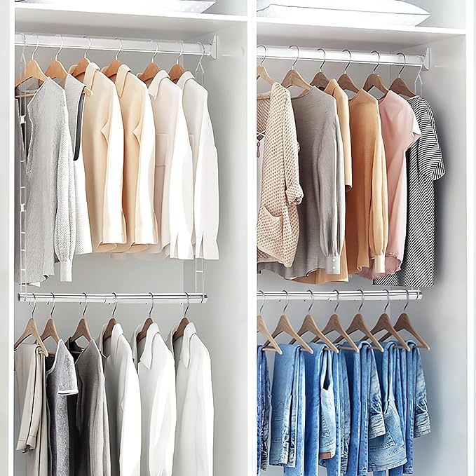 STORAGE MANIAC Hanging Closet Rod, Adjustable Width and Height Closet Hanging Organizer, Space-Saving Clothes Hanging Bar, Closet Extender Hanging Rod Double Closet Hanging Rod, 1 Pack Chrome-Ruum Studio Home